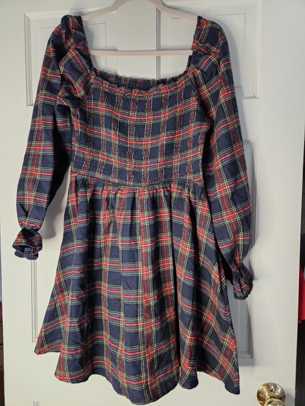 Cupshe Navy Plaid Smocked Midi Dress with Red Accents#199